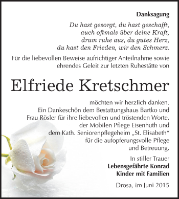 Traueranzeige von Elfriede Kretschmer von WVG - Wochenspiegel Dessau / Köthen