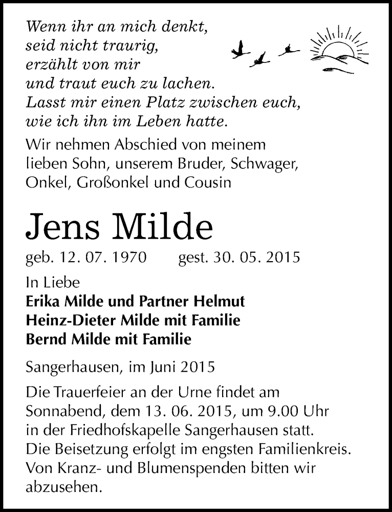  Traueranzeige für Jens Milde vom 06.06.2015 aus Mitteldeutsche Zeitung Sangerhausen
