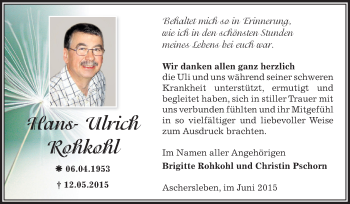 Traueranzeige von Hans- Ulrich Rohkohl von Super Sonntag Aschersleben
