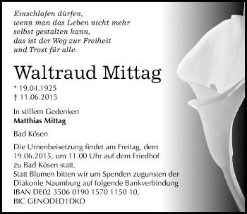 Traueranzeige von Waltraud Mittag von Mitteldeutsche Zeitung Naumburg/Nebra
