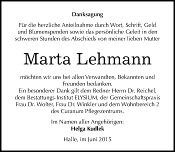 Traueranzeige von Marta Lehmann von Mitteldeutsche Zeitung Halle/Saalkreis