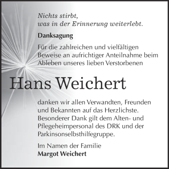Traueranzeige von Hans Weichert von WVG - Wochenspiegel NMB / WSF / ZTZ