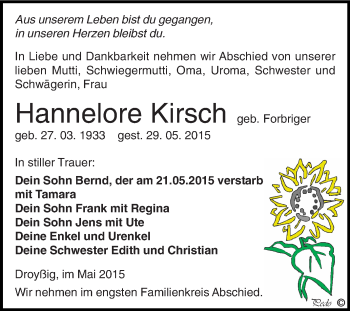 Traueranzeige von Hannelore Kirsch von Super Sonntag Zeitz