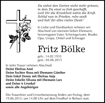 Traueranzeige von Fritz Bölke von Mitteldeutsche Zeitung Wittenberg