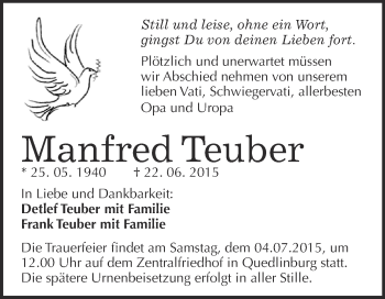 Traueranzeige von Manfred Teuber von Super Sonntag Quedlinburg