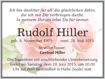 Traueranzeige von Rudolf Hiller von Mitteldeutsche Zeitung Halle/Saalkreis