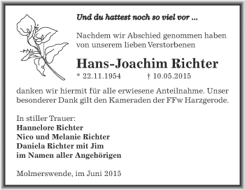 Traueranzeige von Hans-Joachim Richter von Super Sonntag SGH Mansf. Land