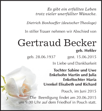 Traueranzeige von Gertraud Becker von Mitteldeutsche Zeitung Bitterfeld