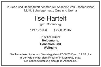 Traueranzeige von Ilse Hartelt von WVG - Wochenspiegel Dessau / Köthen