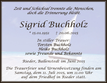 Traueranzeige von Sigrid Buchholz von Super Sonntag Aschersleben