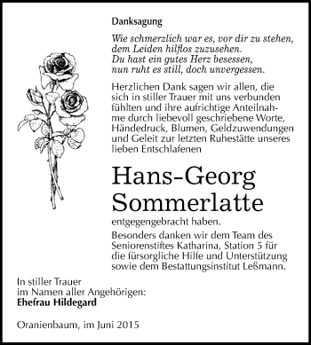 Traueranzeige von Hans-Georg Sommerlatte von WVG - Wochenspiegel Wittenberg