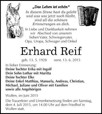 Traueranzeige von Erhard Reif von WVG - Wochenspiegel Dessau / Köthen