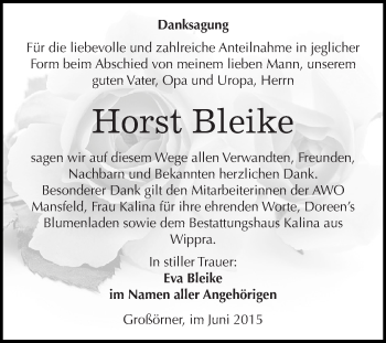 Traueranzeige von Horst Bleike von Super Sonntag SGH Mansf. Land