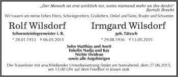 Traueranzeige von Rolf und  Irmgard Wilsdorf von Mitteldeutsche Zeitung Weißenfels