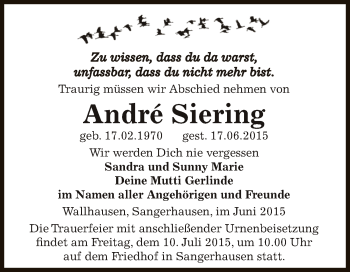 Traueranzeige von André Siering von Super Sonntag SGH Mansf. Land