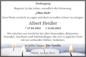 Traueranzeige von Albert Heidler von Wochenspiegel Mansfelder Land