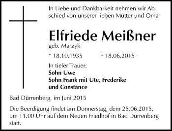 Traueranzeige von Elfriede Meißner von Mitteldeutsche Zeitung Merseburg/Querfurt