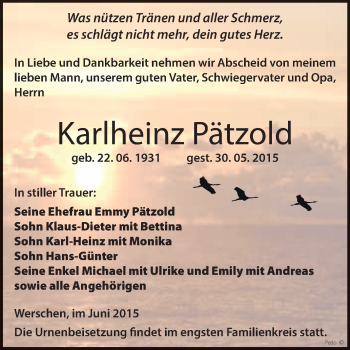 Traueranzeige von Karlheinz Pätzold von WVG - Wochenspiegel NMB / WSF / ZTZ