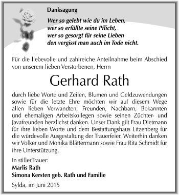 Traueranzeige von Gerhard Rath von Mitteldeutsche Zeitung Mansfelder Land
