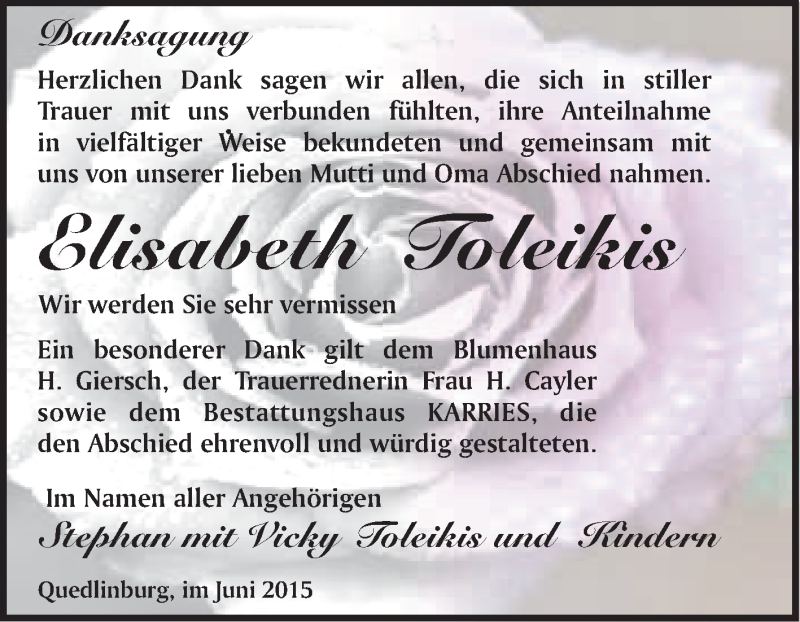 Traueranzeige für Elisabeth Toleikis vom 28.06.2015 aus WVG - Wochenspiegel Quedlinburg