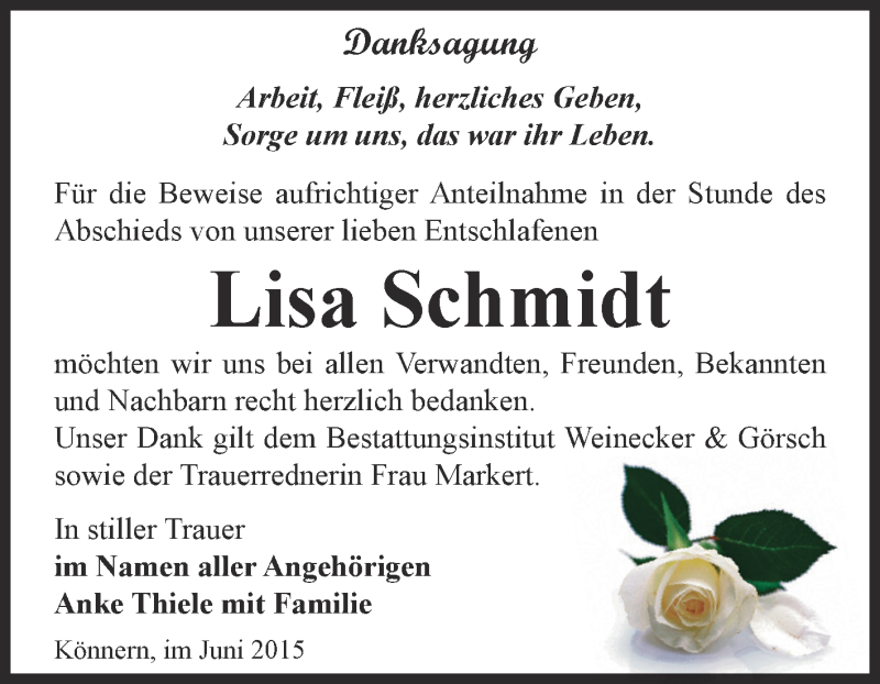  Traueranzeige für Lisa Schmidt vom 21.06.2015 aus Super Sonntag Bernburg