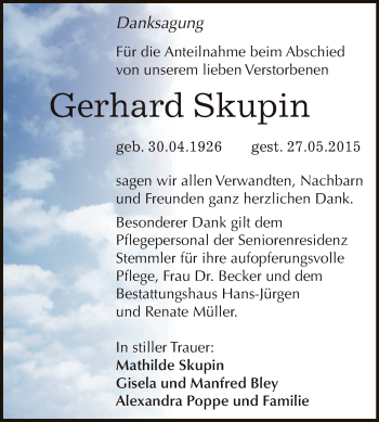 Traueranzeige von Gerhard Skupin von Super Sonntag Aschersleben