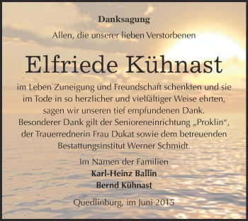 Traueranzeige von Elfriede Kühnast von WVG - Wochenspiegel Quedlinburg