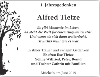 Traueranzeige von Alfred Tietze von WVG - Wochenspiegel Merseburg