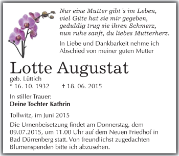 Traueranzeige von Lotte Augustat von Mitteldeutsche Zeitung Merseburg/Querfurt