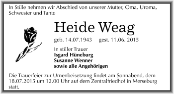 Traueranzeige von Heide Weag von Mitteldeutsche Zeitung Merseburg/Querfurt