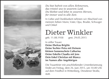 Traueranzeige von Dieter Winkler von WVG - Wochenspiegel Wittenberg