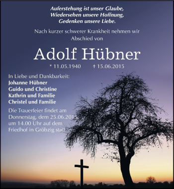 Traueranzeige von Adolf Hübner von Mitteldeutsche Zeitung Köthen