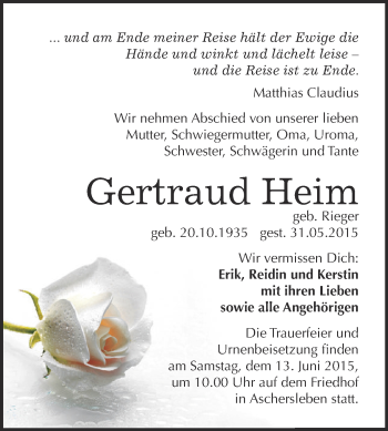 Traueranzeige von Gertraud Heim von Super Sonntag Aschersleben