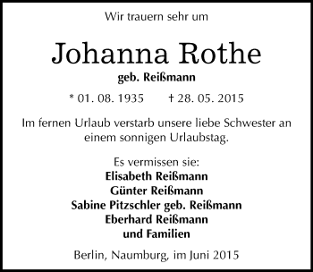 Traueranzeige von Johanna Rothe von Mitteldeutsche Zeitung Naumburg/Nebra