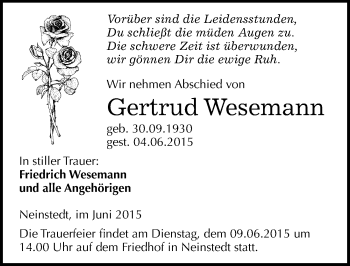Traueranzeige von Gertrud Wesemann von Mitteldeutsche Zeitung Quedlinburg