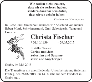 Traueranzeige von Christa Fischer von WVG - Wochenspiegel Wittenberg