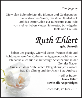 Traueranzeige von Ruth Ehlert von Mitteldeutsche Zeitung Sangerhausen