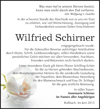 Traueranzeige von Wilfried Schirner von Mitteldeutsche Zeitung Naumburg/Nebra