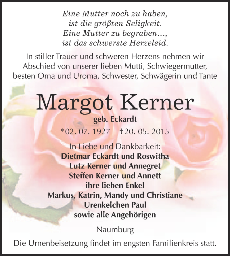 Traueranzeige für Margot Kerner vom 03.06.2015 aus WVG - Wochenspiegel NMB / WSF / ZTZ