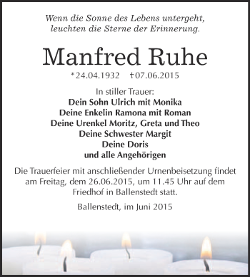 Traueranzeige von Manfred Ruhe von WVG - Wochenspiegel Quedlinburg