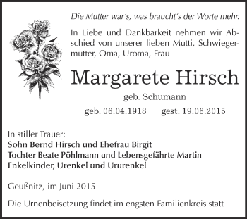 Traueranzeige von Margarete Hirsch von Super Sonntag Zeitz