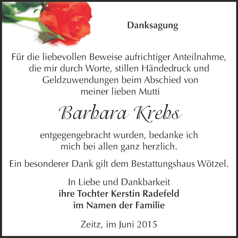  Traueranzeige für Barbara Krebs vom 28.06.2015 aus Super Sonntag Zeitz