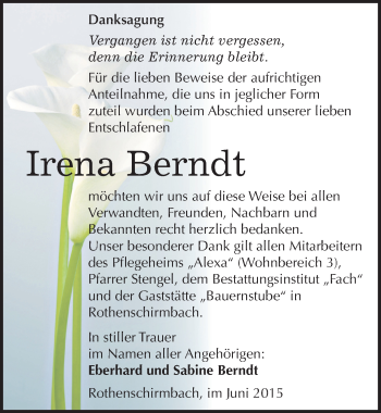 Traueranzeige von Irena Berndt von Mitteldeutsche Zeitung Mansfelder Land