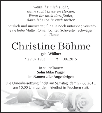 Traueranzeige von Christine Böhme von WVG - Wochenspiegel NMB / WSF / ZTZ
