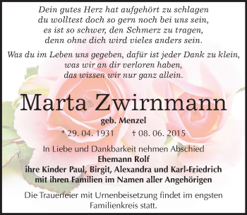 Traueranzeige von Marta Zwirnmann von Mitteldeutsche Zeitung Naumburg/Nebra