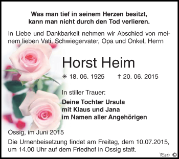 Traueranzeige von Horst Heim von Super Sonntag Zeitz