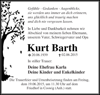 Traueranzeige von Kurt Barth von WVG - Wochenspiegel Dessau / Köthen