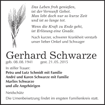 Traueranzeige von Gerhard Schwarze von WVG - Wochenspiegel NMB / WSF / ZTZ