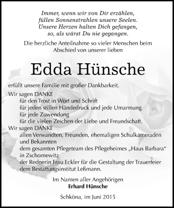 Traueranzeige von Edda Hünsche von Mitteldeutsche Zeitung Wittenberg
