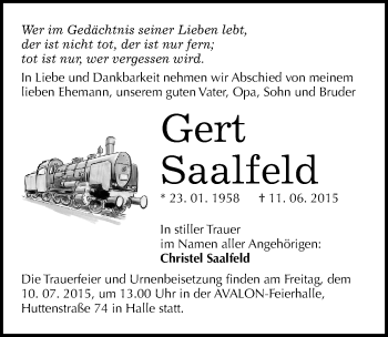 Traueranzeige von Gert Saalfeld von Mitteldeutsche Zeitung Halle/Saalkreis